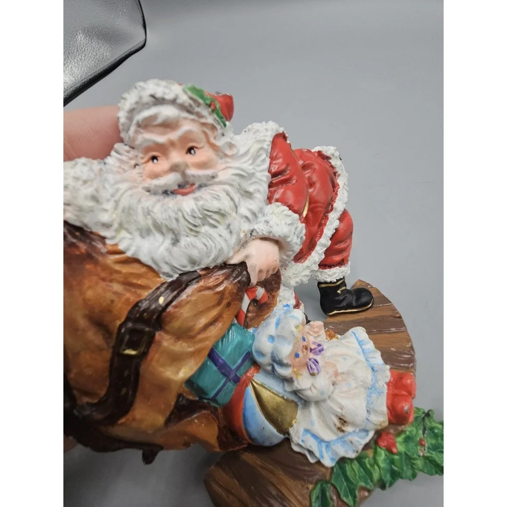 Vintage Santa Claus Cast Iron Stocking‎ Hanger Girl Bag Of Presents Holly
